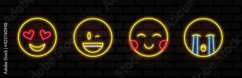 Vector Emoji neon icon set with Different Reactions Isolated on black Background. Modern Emoticons Collection in Flat Style. thin line, outline vector of web, minimalistic icons for UI and UX