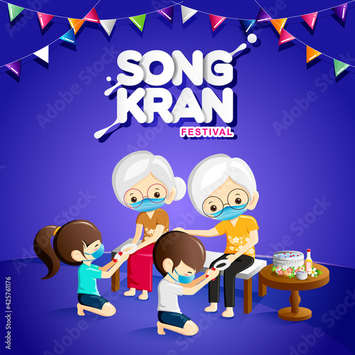 Children pour water on the hands of revered elders and ask for blessing with Thai calligraphy of Songkran and flags.13 April,National Day of Older Persons-Songkran festival concept.Vector Illustration