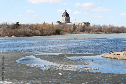 Early spring landscape Wascana Lake and Saskatchewan Legislature 