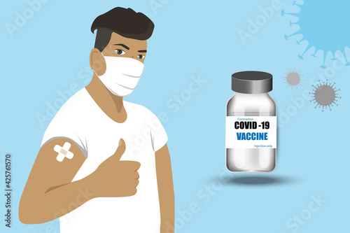 Vaccination.Man showing vaccinated arm.Man getting vaccinated.Covid 19 vaccine bottle. Applicable for covid 19 .Person after receiving covid-19 vaccine on her arm.Vaccination concept.