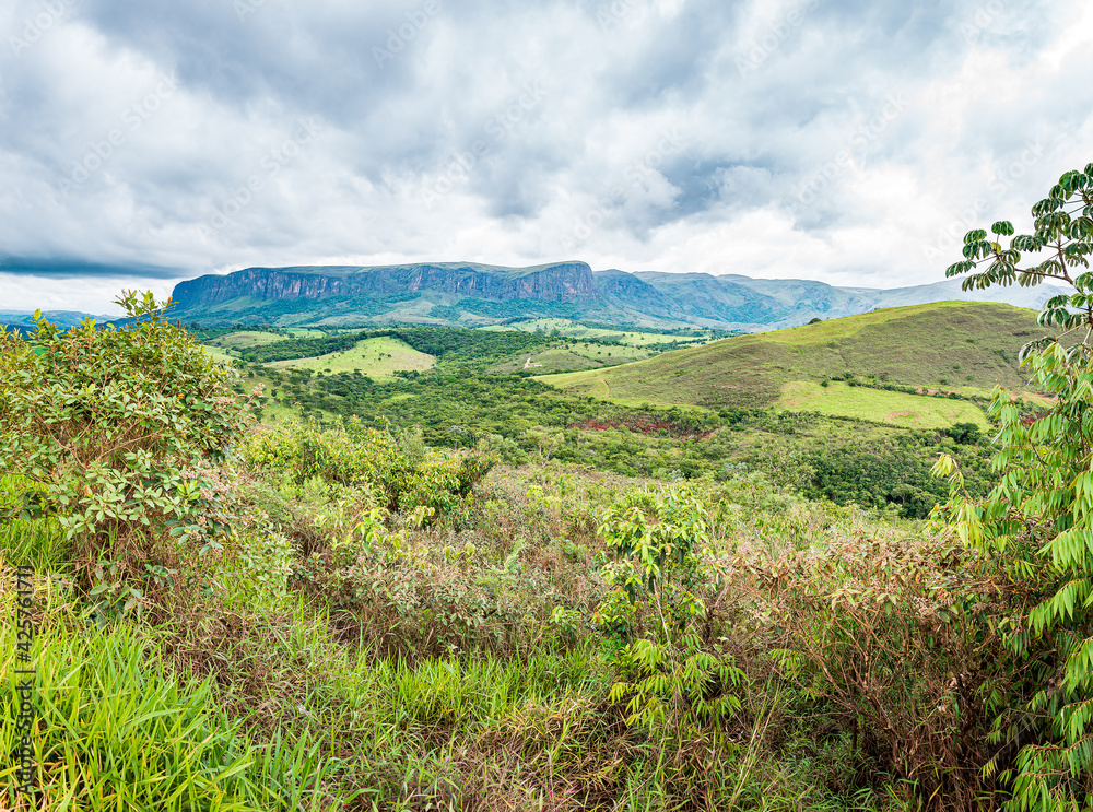 Brazilian eco tourism landscape of Minas Gerais state at Serra da Canastra region, at São Roque de Minas city. Far view of the sierra on a cloudy day.