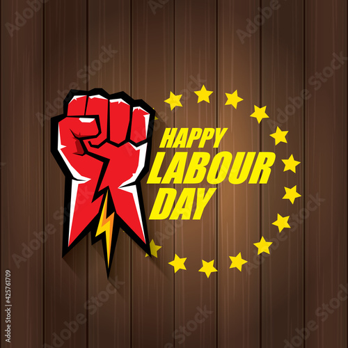 1 may Happy labour day vector label with strong protest fist in the air on wood background. vector happy labor day background or banner with man hand. workers may day poster