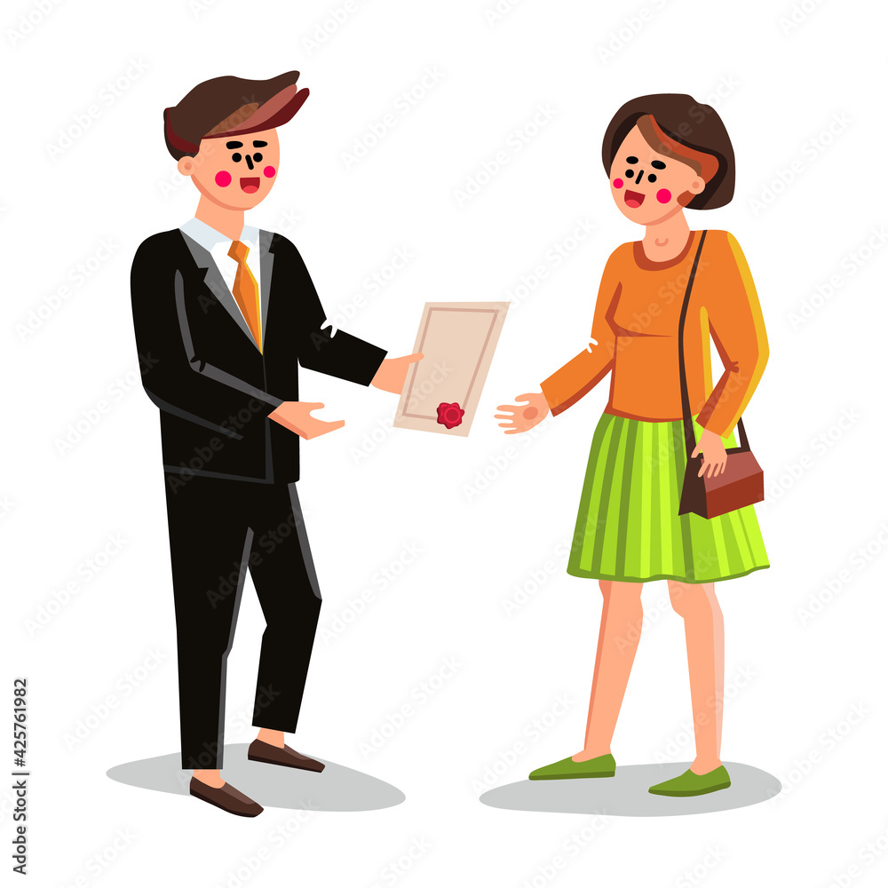 Notary Giving Signed Document Young Woman Vector. Notary Man Give Girl Client Testament, Certificate Or Agreement With Stamp Seal And Signature. Characters Lawyer And Lady Flat Cartoon Illustration Notary Giving Signed Document Young Woman Vector. Notary Man Give Girl Client Testament, Certificate Or Agreement With Stamp Seal And Signature. Characters Lawyer And Lady Flat Cartoon Illustration