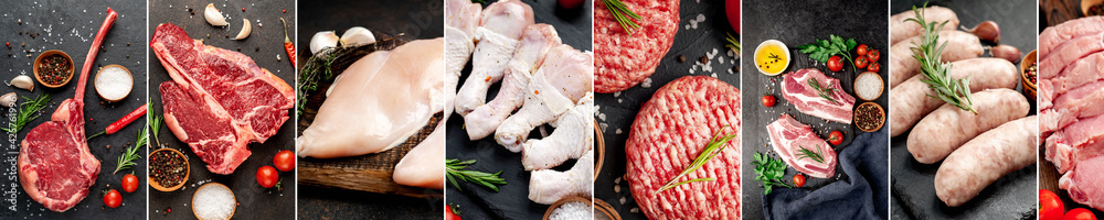 Food collage. Set of assorted raw meat, pork, veal and chicken on stone background. Food collage. Set of assorted raw meat, pork, veal and chicken on stone background.