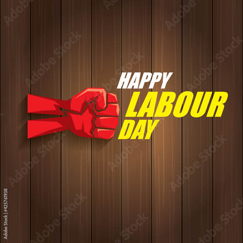 1 may Happy labour day vector label with strong protest fist in the air on wood background. vector happy labor day background or banner with man hand. workers may day poster