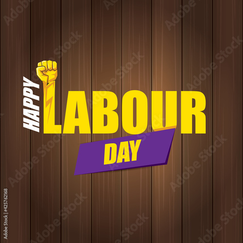 1 may Happy labour day vector label with strong protest fist in the air on wood background. vector happy labor day background or banner with man hand. workers may day poster