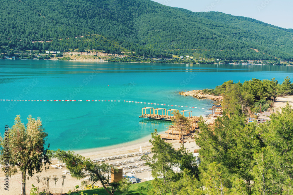 Fototapeta premium Beautiful Sea with Mountain and Pine Forest . Summer Sea Background 