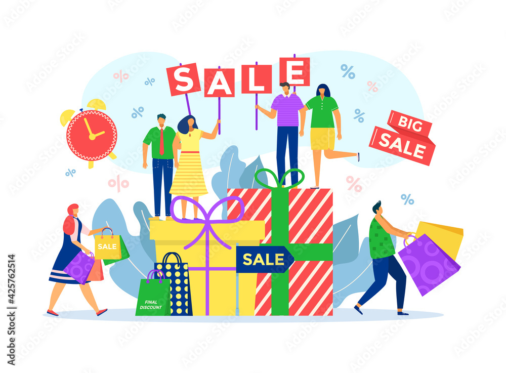 Sale for buying cartoon gift in shop, vector illustration. People man woman character use discount and buy present box, happy christmas sale concept. Sale for buying cartoon gift in shop, vector illustration. People man woman character use discount and buy present box, happy christmas sale concept.
