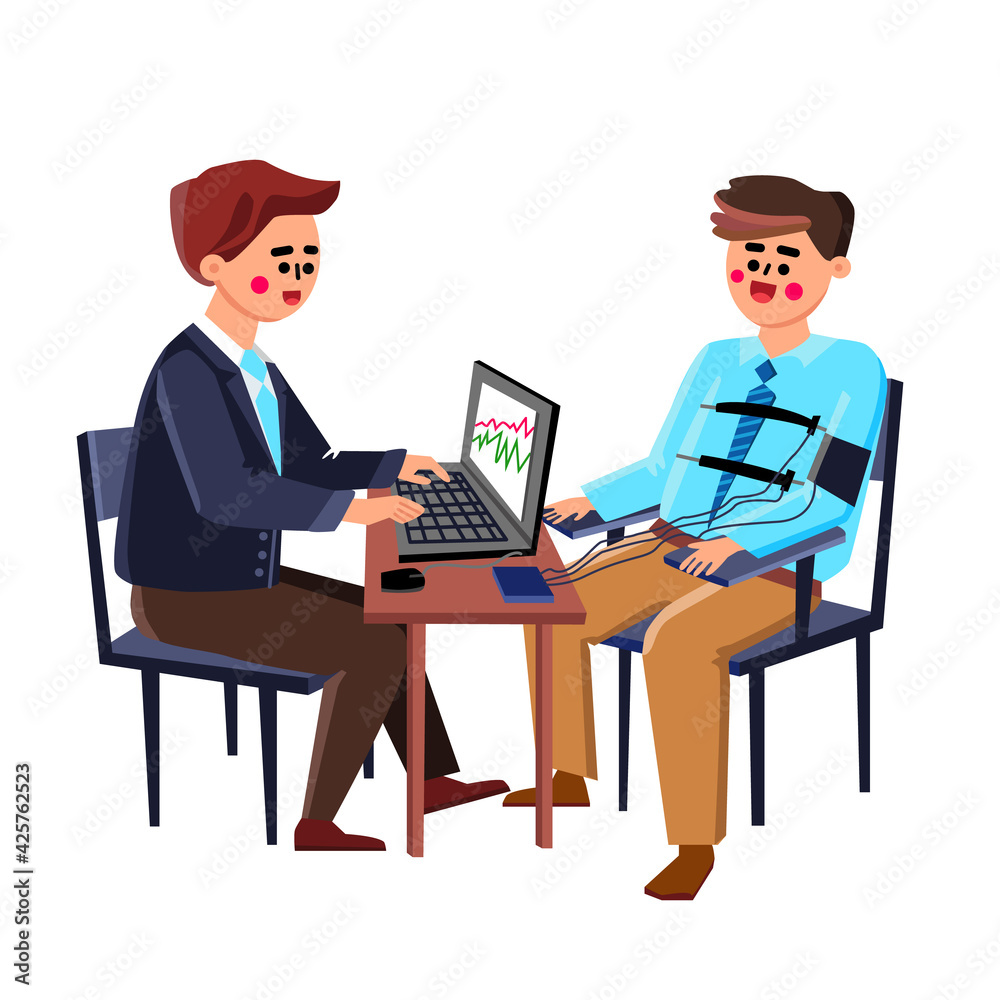 Polygraph Test Passing Young Man In Office Vector. Computer Showing Physiological Measures Of Boy Undergoing Lie Detector Polygraph. Character Examining Expert Testing Guy Flat Cartoon Illustration Polygraph Test Passing Young Man In Office Vector. Computer Showing Physiological Measures Of Boy Undergoing Lie Detector Polygraph. Character Examining Expert Testing Guy Flat Cartoon Illustration