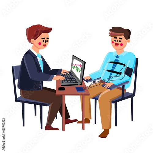 Polygraph Test Passing Young Man In Office Vector. Computer Showing Physiological Measures Of Boy Undergoing Lie Detector Polygraph. Character Examining Expert Testing Guy Flat Cartoon Illustration
