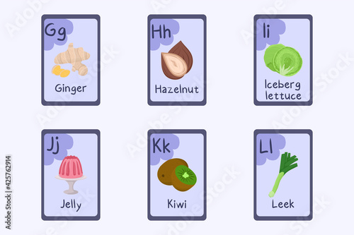 Colorful alphabet flashcard Letter G, H, I, J, K, L - ginger, hazelnut, iceberg lettuce, jelly, kiwi fruit, leek.