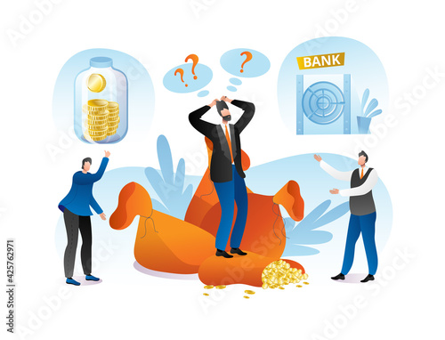 Choice about saving money in bank, vector illustration. Flat man person character choose, make financial decision about cash investment.