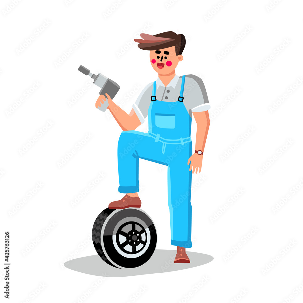 Tire Change Garage Car Service Worker Man Vector. Repair Man Standing With Leg On Tire And Holding Drill Equipment For Changing Vehicle Wheel. Character Mechanic Flat Cartoon Illustration Tire Change Garage Car Service Worker Man Vector. Repair Man Standing With Leg On Tire And Holding Drill Equipment For Changing Vehicle Wheel. Character Mechanic Flat Cartoon Illustration