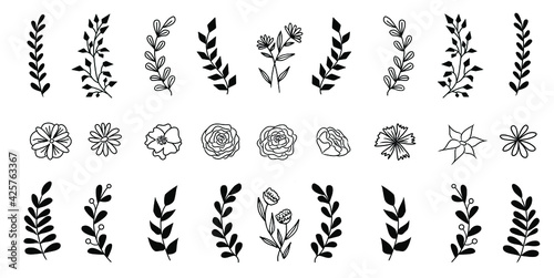 Set of vector vintage floral elements. Cute set of doodle frames and borders. Elements flowers, branches, swashes and flourishes 