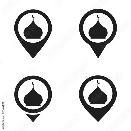 Set of map pointer with mosque icon. Muslim worship location. Illustration vector