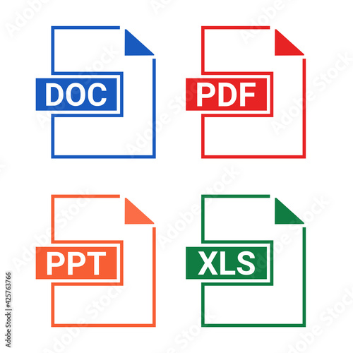 Set of file type. Format and extension of documents. PDF, DOC, PPT and XLS. Illustration vector