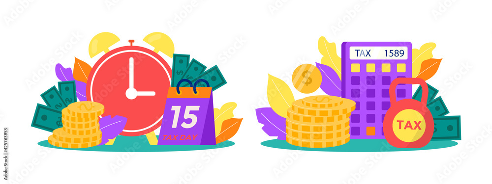 Fototapeta premium Pay money, make accounting about financial tax time and income, vector illustration. Business finance payment concept, flat taxation symbol design.