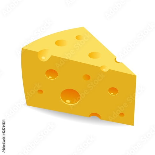 Vector image of a sliced large thick piece of cheese. Piece of cheese on an isolated background. Cheese with holes.