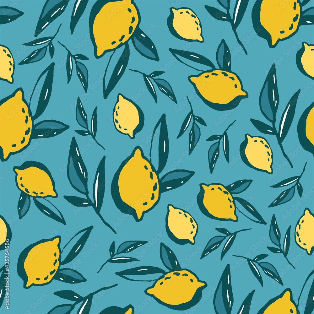 Naklejka premium Tropical seamless pattern with lemon. Vector hand-drawn fruit background. Pattern for printing on fabric or wallpaper