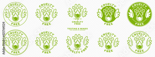Concept for product packaging. Labeling - cruelty free. Animal footprint icon with test drop and wings - symbol of freedom to test on animals. Vector set.