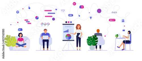 Illustration of office and team building workflow employees. Male and female staff, manager, colleagues working on a laptop or computer, performing tasks, showing a presentation, online communication.