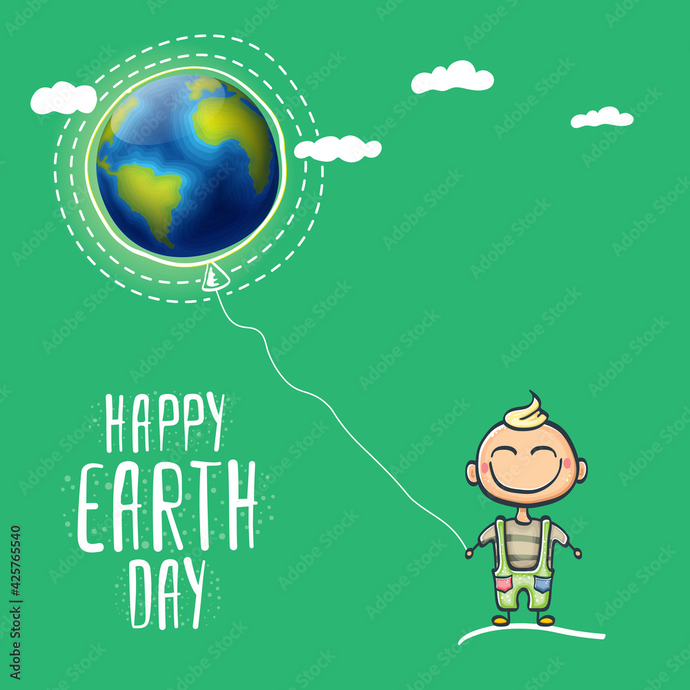 Cartoon earth day illustration or banner with little cute boy character holding in hands baloon with earth globe. Vector World earth day concept poster illustration with planet Earth and funny child Cartoon earth day illustration or banner with little cute boy character holding in hands baloon with earth globe. Vector World earth day concept poster illustration with planet Earth and funny child