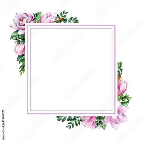 Magnolia flower square frame. Tender pink magnolia flowers and leaves. Watercolor illustration. Realistic minimal decoration. Elegant frame of spring blossoms and green leaf. On white background