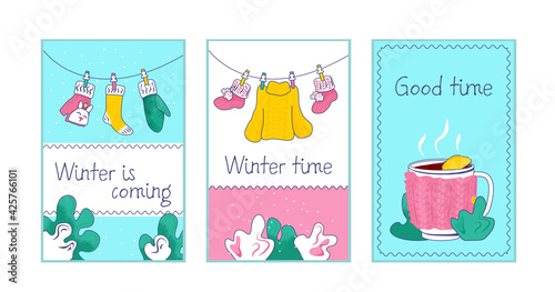 Winter holiday card, vector illustration. Happy greeting postcard with christ...