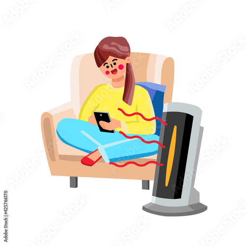 Space Heater Device For Air Warming Home Vector. Young Woman Sitting In Armchair And Use Smartphone, Space Heater Gadget Heating Room. Character Girl And Electronic Equipment Flat Cartoon Illustration