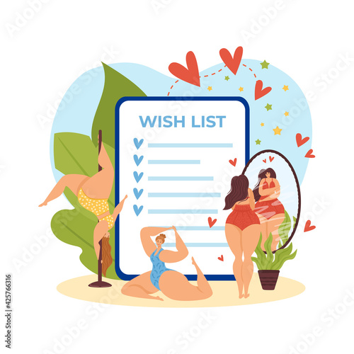 Flat wish list for body positive girl people, vector illustration. Cartoon daily planner for woman person character with unusual figure.