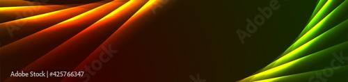 Glowing orange and green laser lines abstract hi-tech banner. Vector neon futuristic background