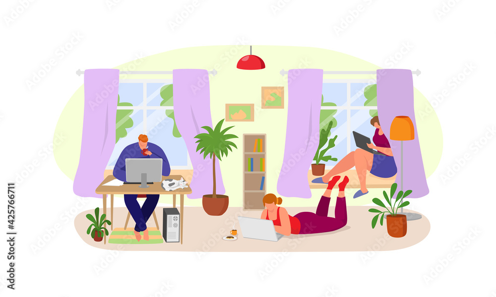 Business internet work at home, vector illustration. Man woman people character at freelance office house room, student get knowledge online