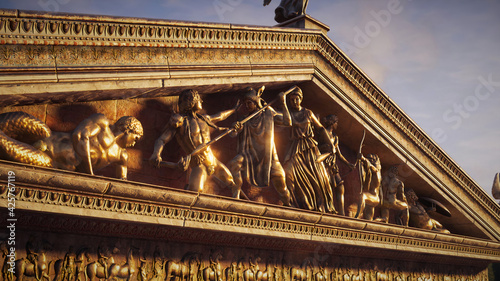 Realistic 3d illustration of greek statues on top front front of a golden temple