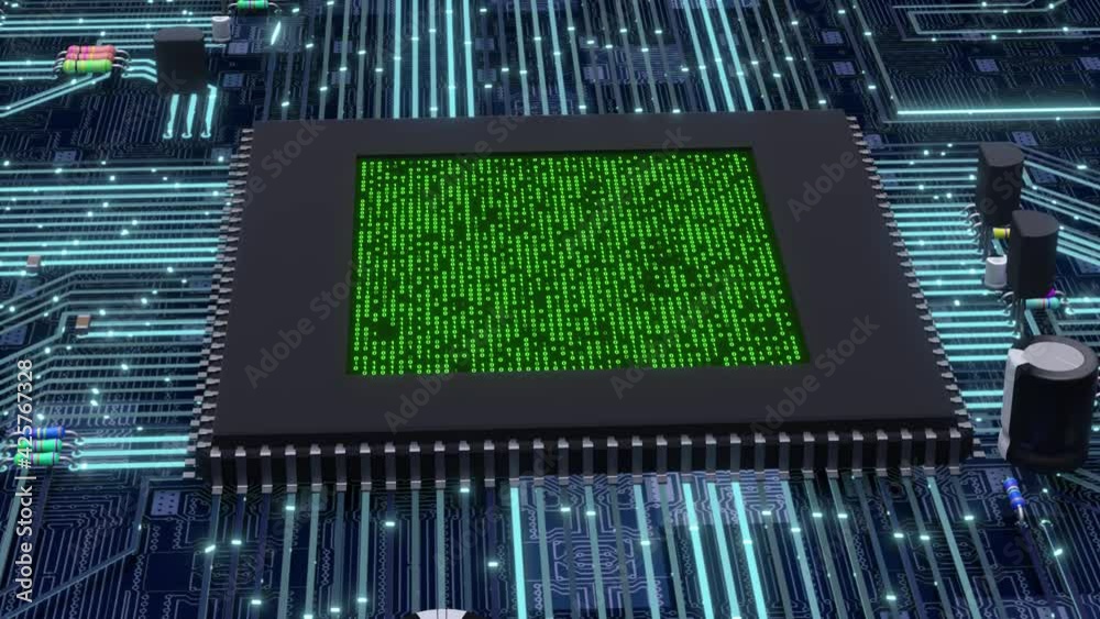 A microprochip shows its core that is working and displays the elaboration data as the continuous change of the bits from 0 to 1, installed over a circuit board with some electronic components.