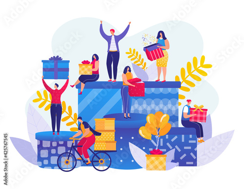 Gift box, flat celebration present for happy people, vector illustration. Car...