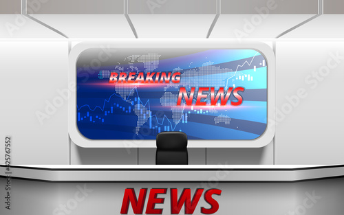 white table with breaking news on led screen background in the news studio room
