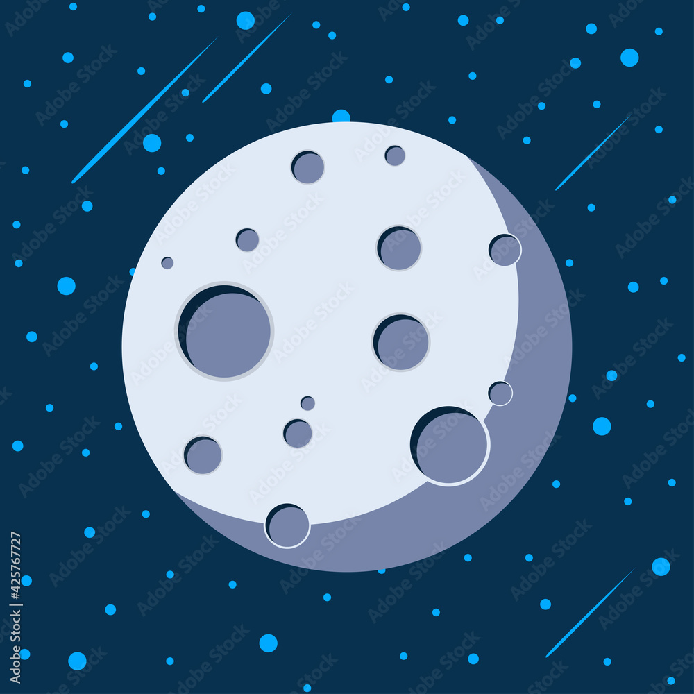 Cartoon moon at night with stars and comets. Moon with craters. Deep night dark sky background. Science astronomy Earth satellite in space. Vector illustration Cartoon moon at night with stars and comets. Moon with craters. Deep night dark sky background. Science astronomy Earth satellite in space. Vector illustration
