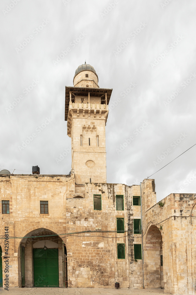 The Medresse  and the Bab al-Silsila minaret are on the Temple Mount in the Old Town of Jerusalem in Israel