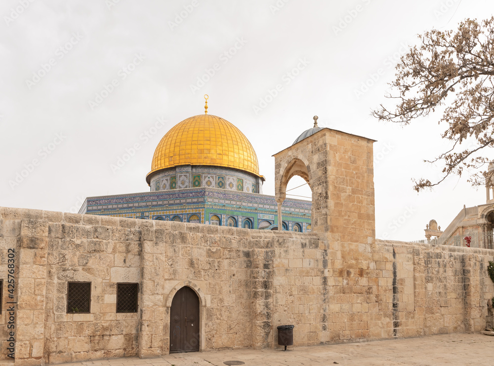 The Dome  of Yusuf built by Salah ad-Din at the end of the 12th century and the Dome of the Rock mosque are on the Temple Mount in the Old Town of Jerusalem in Israel