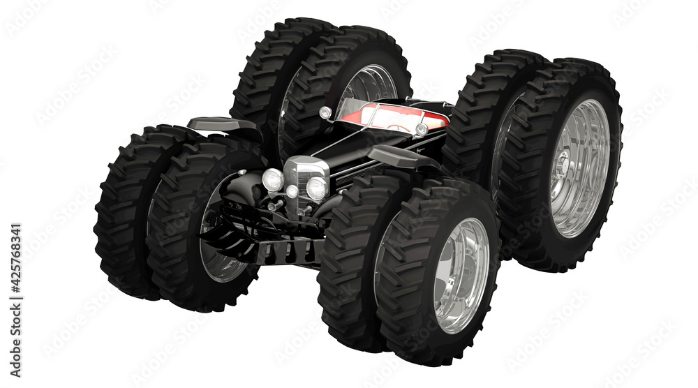 Extreme tuning, vintage car with giant wheels, concept, off road, 3d illustration, 3d rendering
