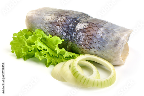 Salted herring rollmops, isolated on white background. High resolution image photo