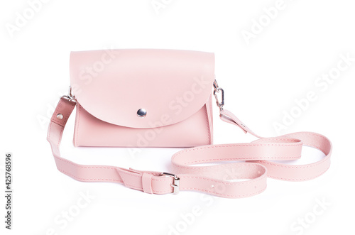 Pink crossbody leather bag, waist bag isolated on white background