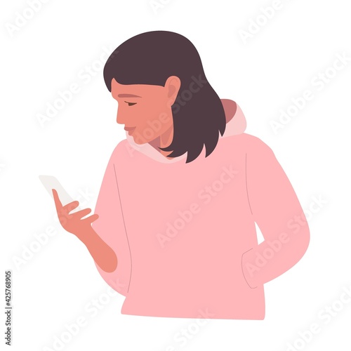 Girl with phone. Young woman looks at phone. Flat vector illuctration. Female in pink hoody. Cute girl holding cellphone. Smartphone or Internet Addiction. Negotiations, Social Media
