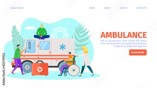 Ambulance car  landing page vector illustration. Man people character near emergency transport  medical help for cartoon patient concept.