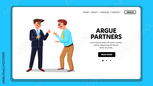 Argue Partners Business Conflict In Company Vector. Argue Partners Or Colleagues Have Disagreement In Office Arguing On Work Issues. Characters Men Problem Web Flat Cartoon Illustration