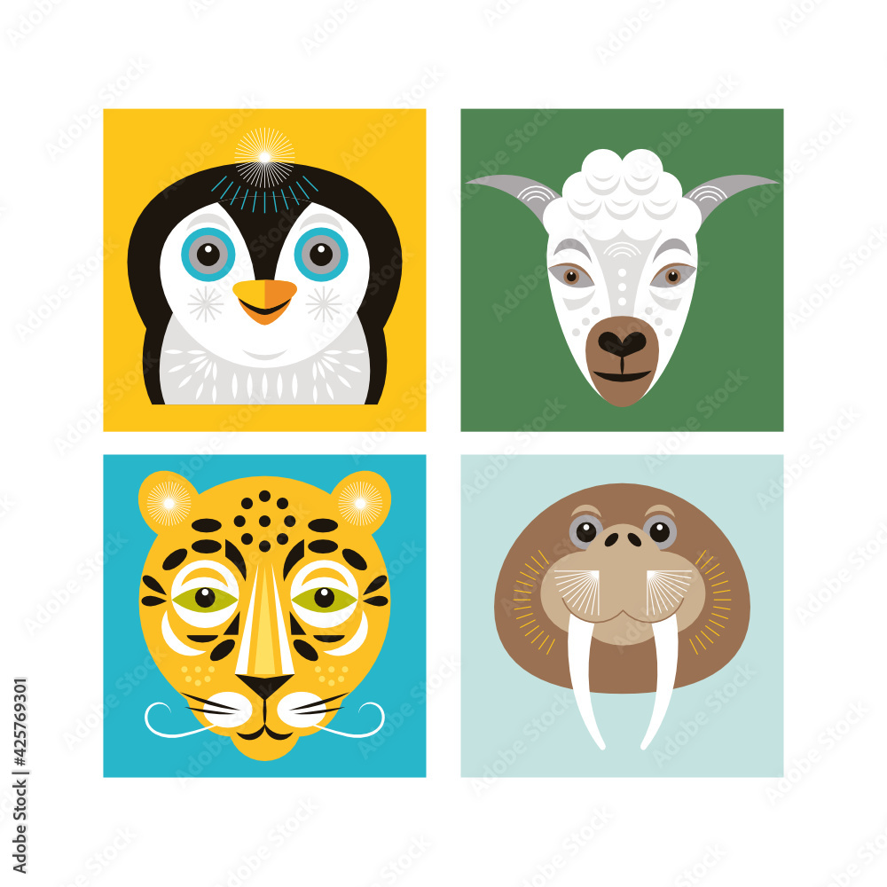 Fototapeta premium Animals faces. Vector illustrations. Animal portraits. Zoo collection. Penguin, sheep, walrus and leopard.
