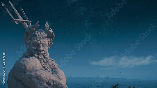 3d illustration of a poseidon statue under a starry sky