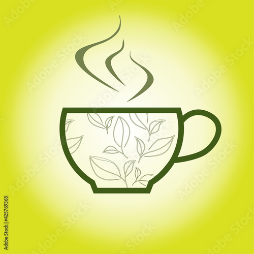 Cup of hot green tea, vector. Background for cafe, bistro, restaurant, bars menu card	
