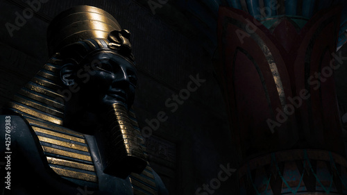 Realistic 3d illustration of a statue of  a pharaoh in a lost and burried tomb