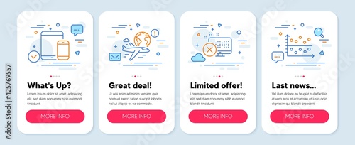 Set of Technology icons, such as Mobile devices, International flight, Reject access symbols. Mobile screen banners. Dot plot line icons. Smartphone with tablet, Sky travel, Delete device. Vector